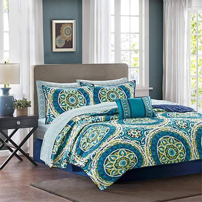 Madison Park MPE13-178 Essentials Serenity Complete Coverlet & Sheet Set Cal King Blue,Cal King