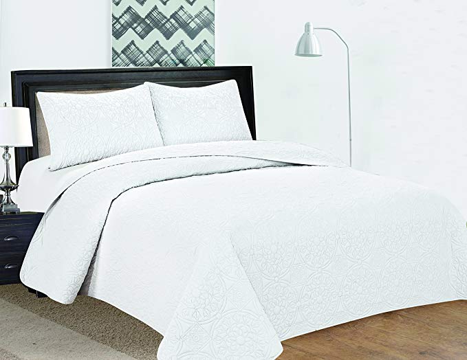 Royal Home Decor Extra Oversized 3-pc Bedspread Set with Medallion Pattern (Cal King, White)