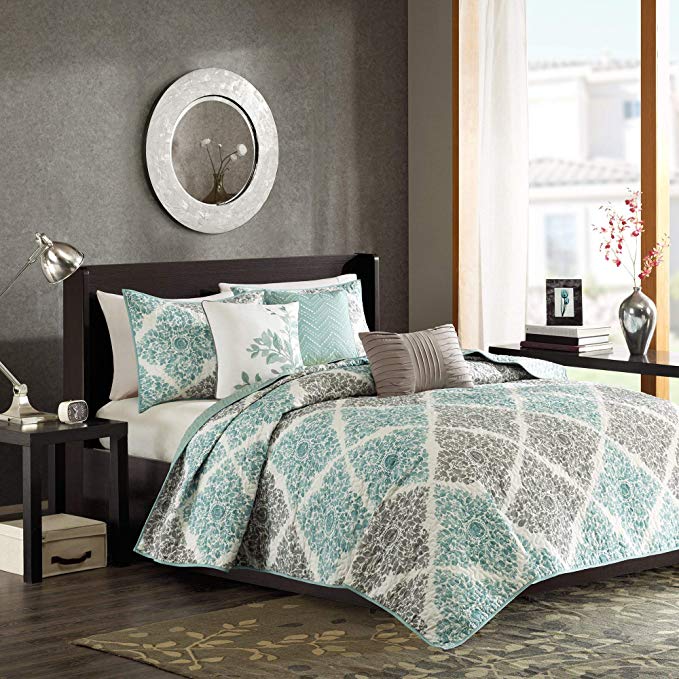 Madison Park Claire King/Cal King Size Quilt Bedding Set - Aqua, Grey, Leaf Geometric – 6 Piece Bedding Quilt Coverlets – Ultra Soft Microfiber Bed Quilts Quilted Coverlet