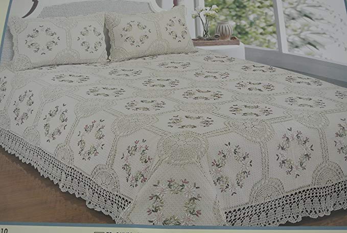 Elegant Cotton Crochet with Ribbon Bed Cover & Pillow Case:Queen Size:96x100